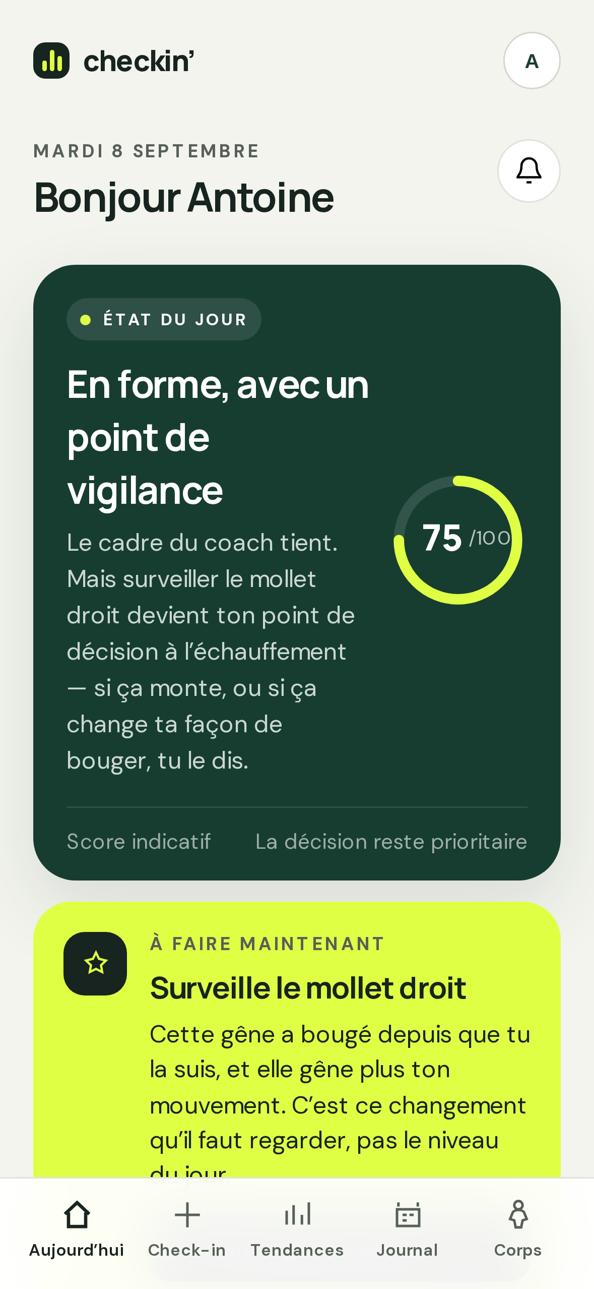 Écran de démonstration de l’accueil de Checkin’ présentant un état du jour fictif