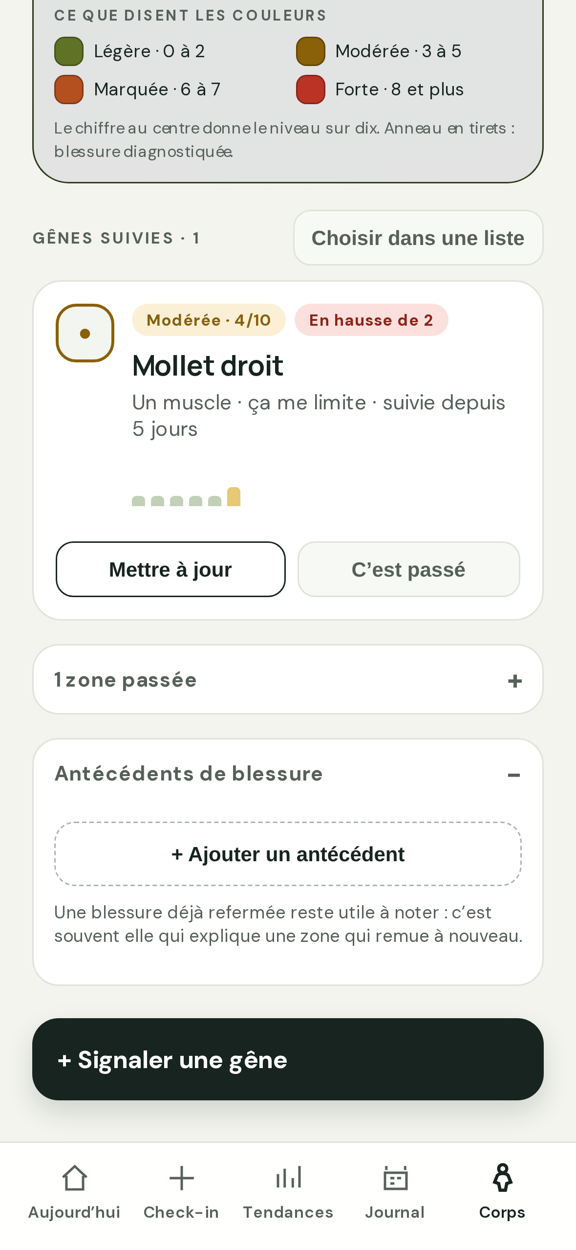 Suivi du corps avec données de démonstration fictives dans l’application Checkin’