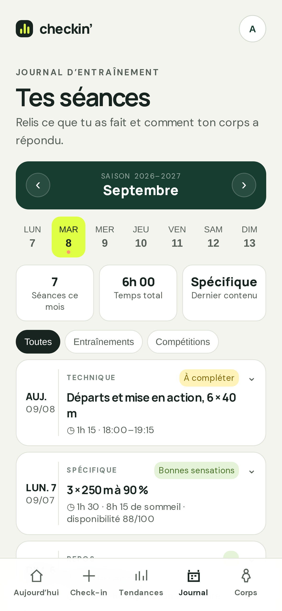 Journal d’entraînements avec données de démonstration fictives dans l’application Checkin’