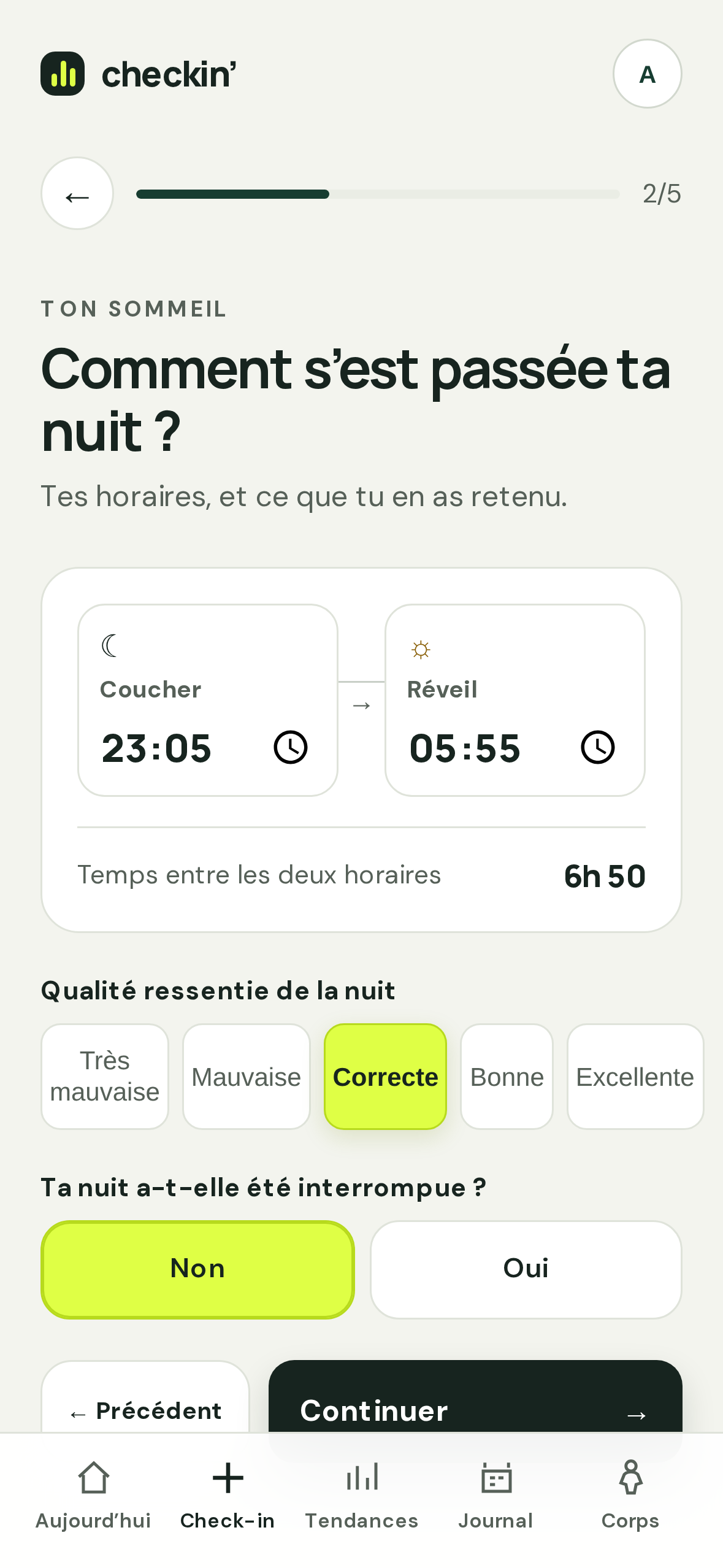 Écran de démonstration fictif de l’étape sommeil du check-in Checkin’