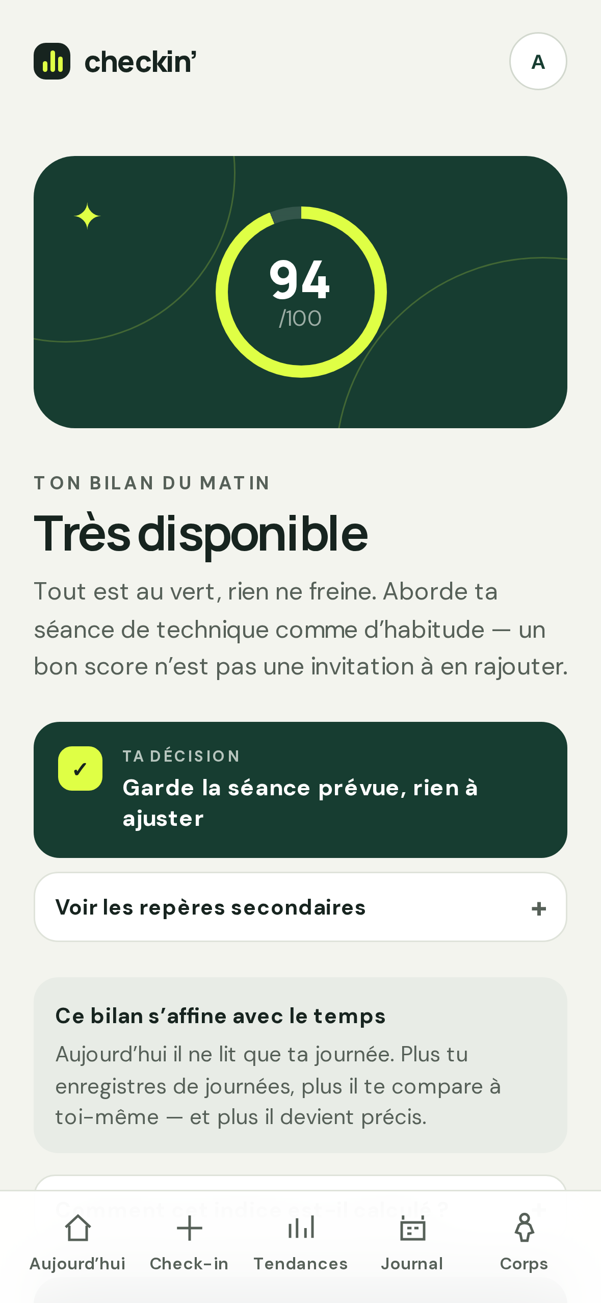 Écran de démonstration fictif de la synthèse quotidienne de Checkin’